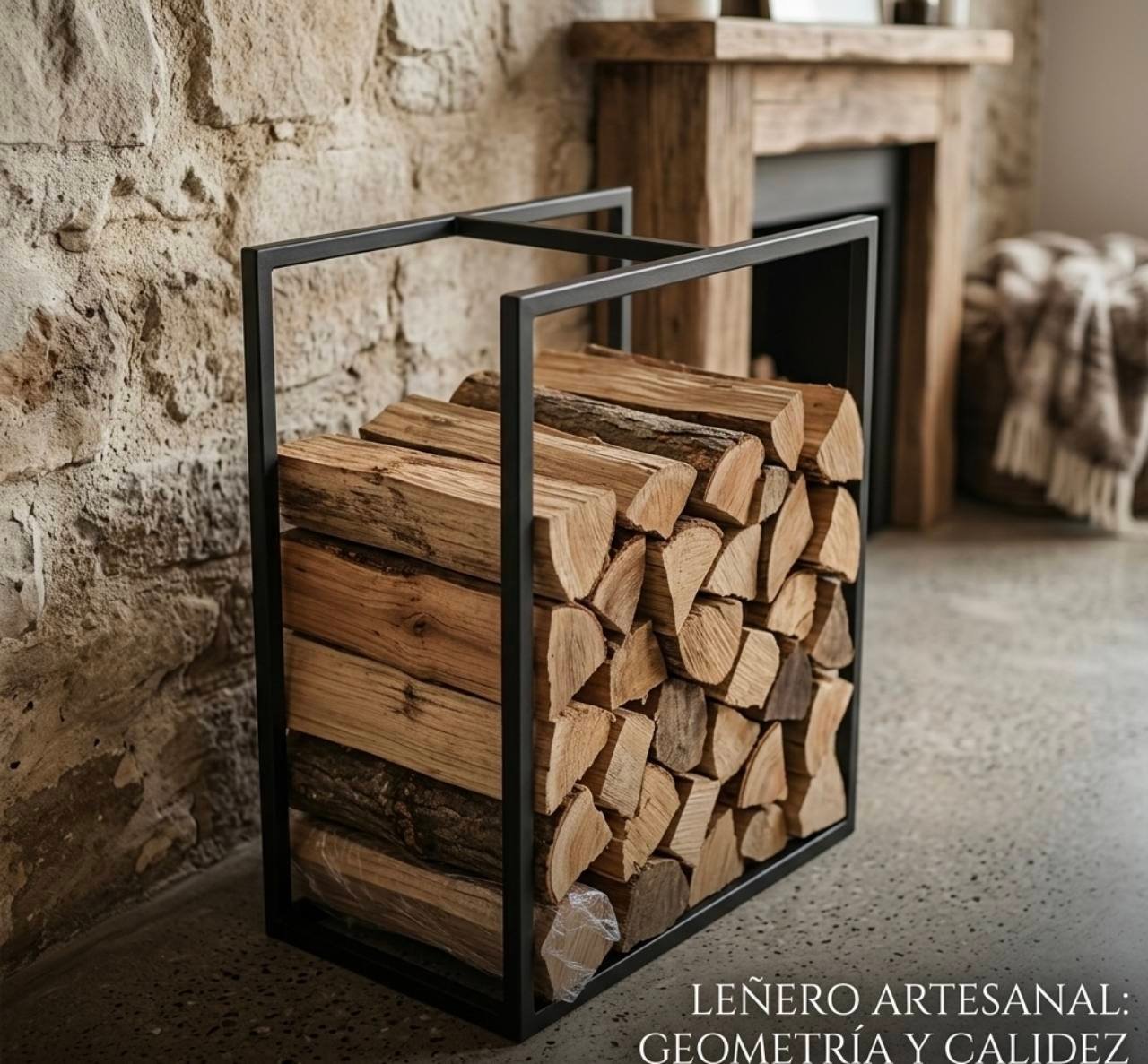Leñero artesanal de perfiles de hierro junto a una chimenea
